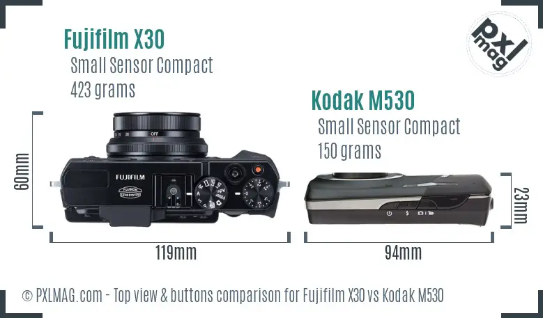Fujifilm X30 vs Kodak M530 top view buttons comparison