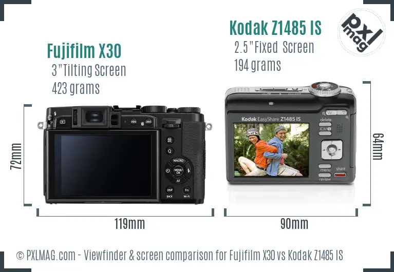 Fujifilm X30 vs Kodak Z1485 IS Screen and Viewfinder comparison