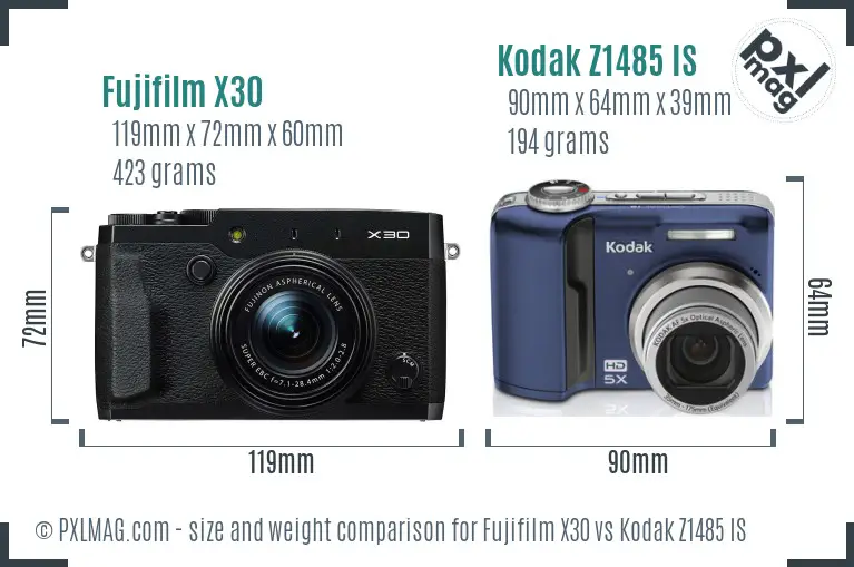 Fujifilm X30 vs Kodak Z1485 IS size comparison