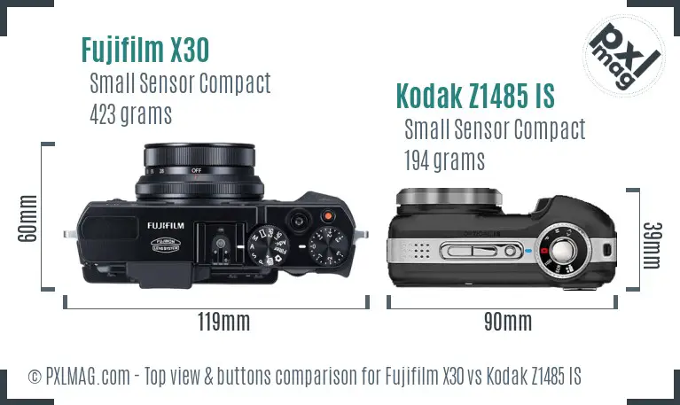 Fujifilm X30 vs Kodak Z1485 IS top view buttons comparison