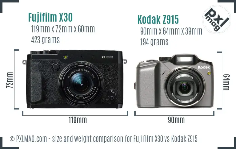 Fujifilm X30 vs Kodak Z915 size comparison