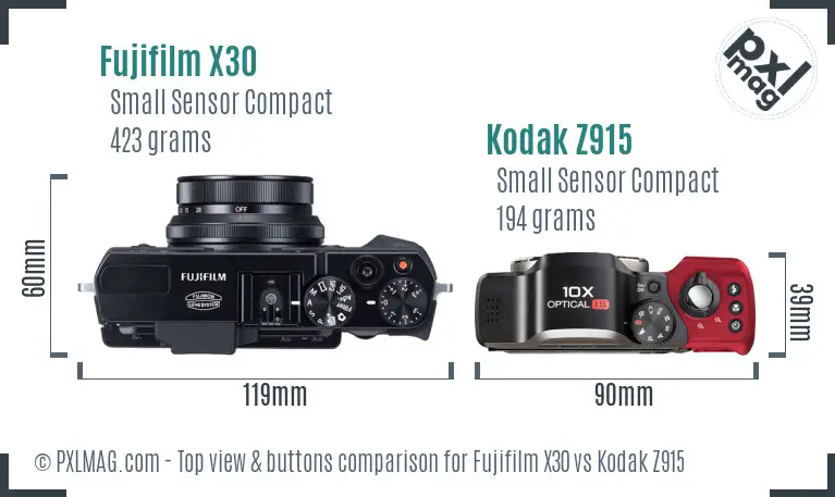 Fujifilm X30 vs Kodak Z915 top view buttons comparison