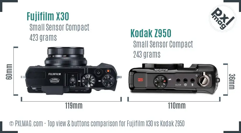 Fujifilm X30 vs Kodak Z950 top view buttons comparison