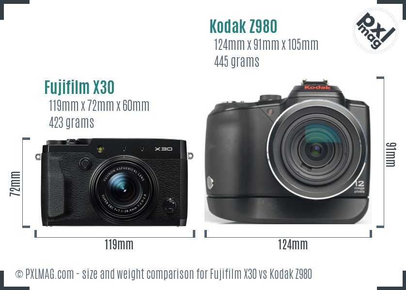 Fujifilm X30 vs Kodak Z980 size comparison