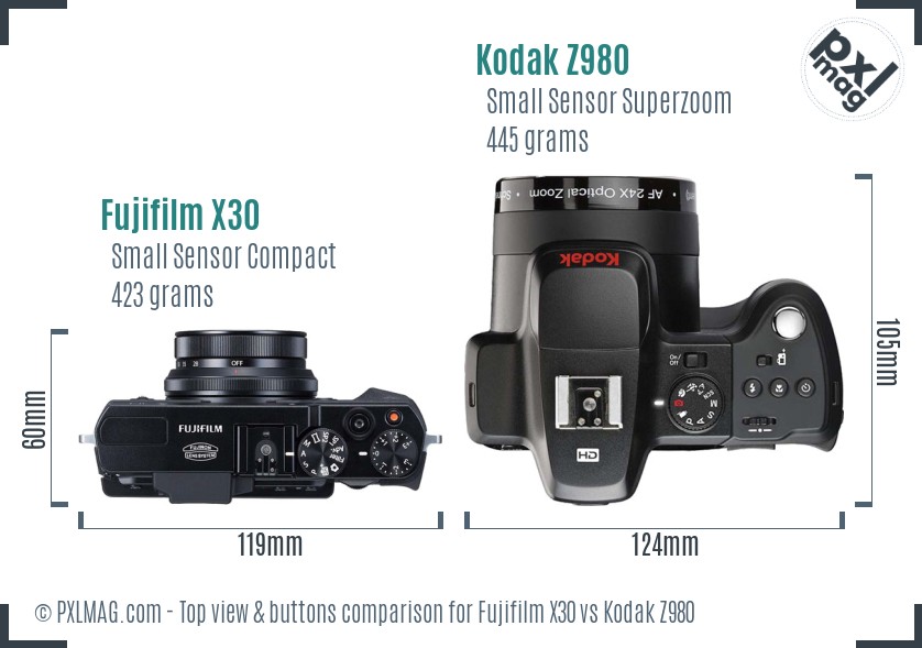 Fujifilm X30 vs Kodak Z980 top view buttons comparison