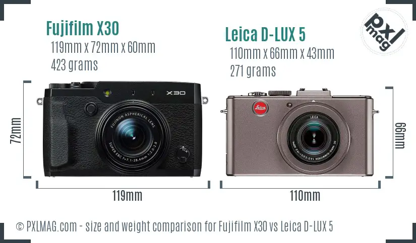 Fujifilm X30 vs Leica D-LUX 5 size comparison
