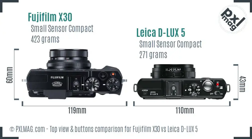 Fujifilm X30 vs Leica D-LUX 5 top view buttons comparison