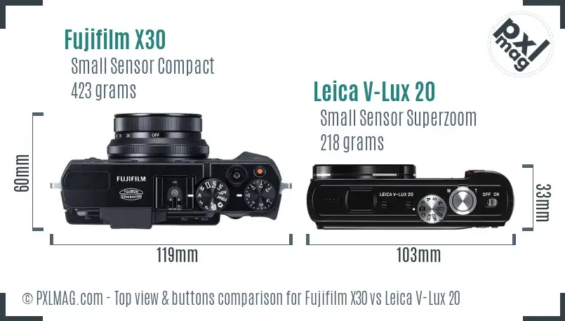 Fujifilm X30 vs Leica V-Lux 20 top view buttons comparison Fujifilm X30 vs Leica V-Lux 20 top view buttons comparison