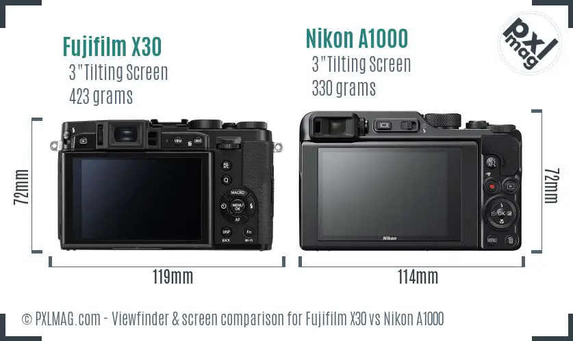 Fujifilm X30 vs Nikon A1000 Screen and Viewfinder comparison