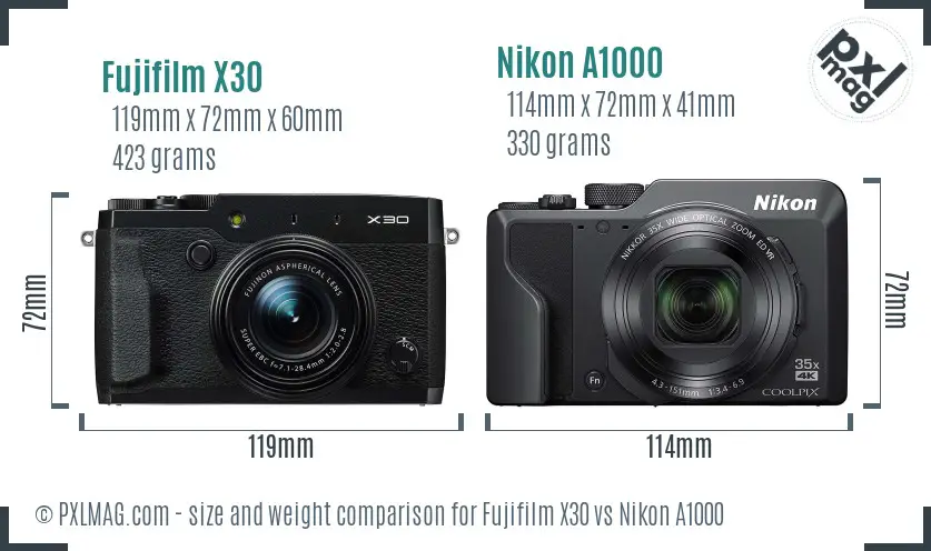 Fujifilm X30 vs Nikon A1000 size comparison