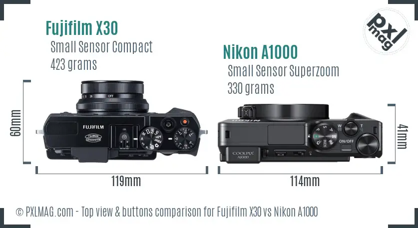 Fujifilm X30 vs Nikon A1000 top view buttons comparison