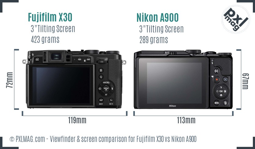 Fujifilm X30 vs Nikon A900 Screen and Viewfinder comparison