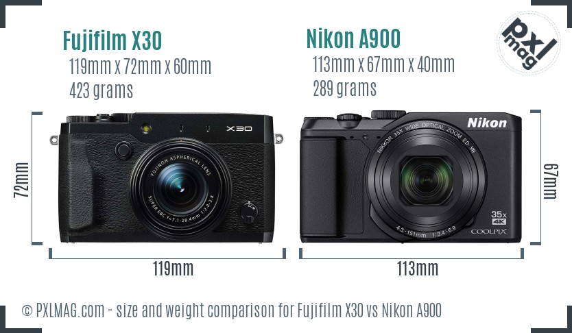 Fujifilm X30 vs Nikon A900 size comparison