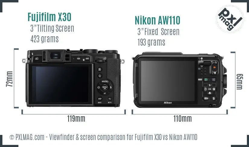 Fujifilm X30 vs Nikon AW110 Screen and Viewfinder comparison