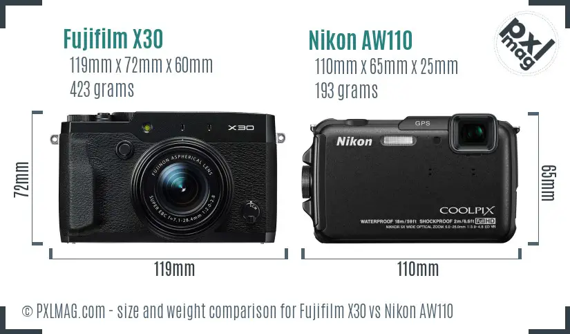 Fujifilm X30 vs Nikon AW110 size comparison