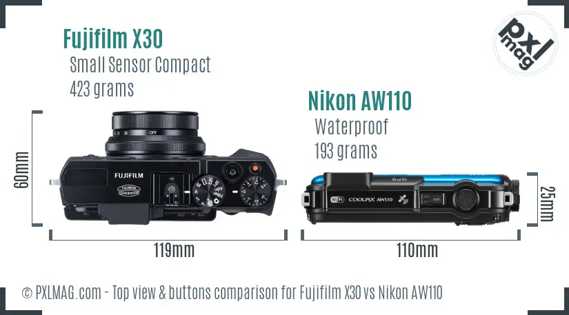 Fujifilm X30 vs Nikon AW110 top view buttons comparison