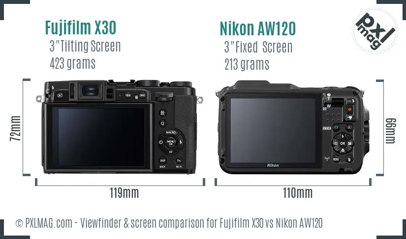 Fujifilm X30 vs Nikon AW120 Screen and Viewfinder comparison