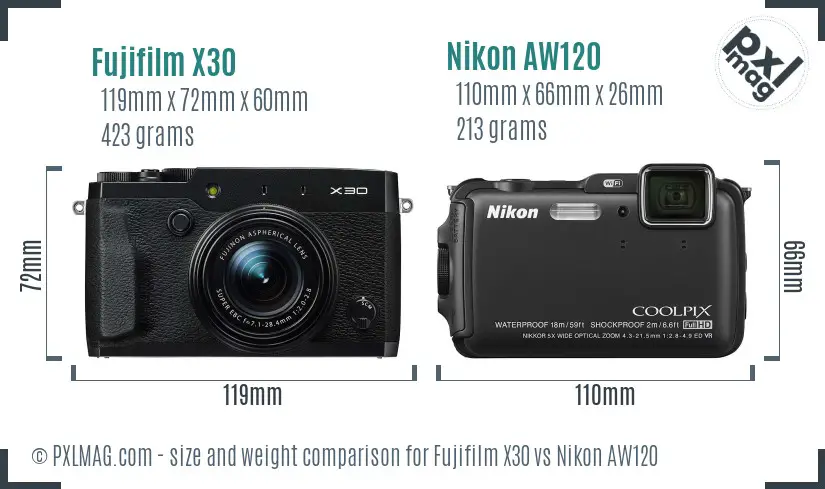 Fujifilm X30 vs Nikon AW120 size comparison