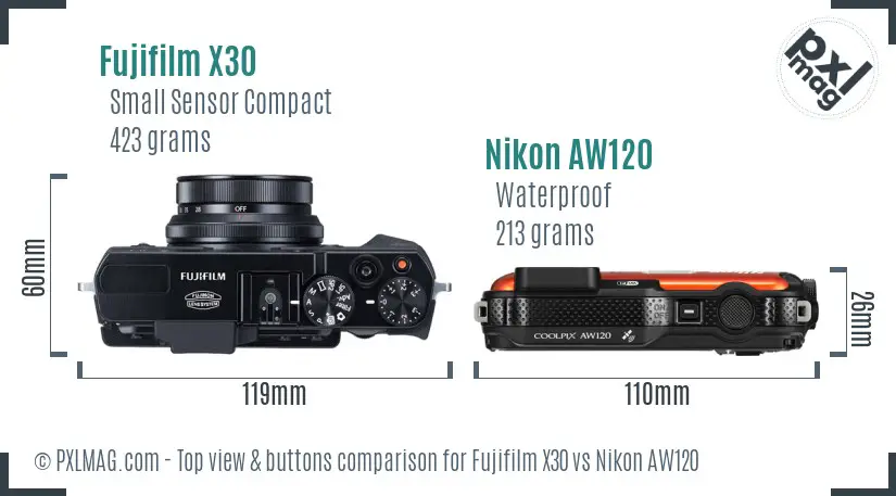 Fujifilm X30 vs Nikon AW120 top view buttons comparison
