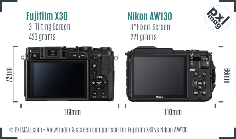 Fujifilm X30 vs Nikon AW130 Screen and Viewfinder comparison