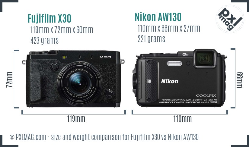 Fujifilm X30 vs Nikon AW130 size comparison