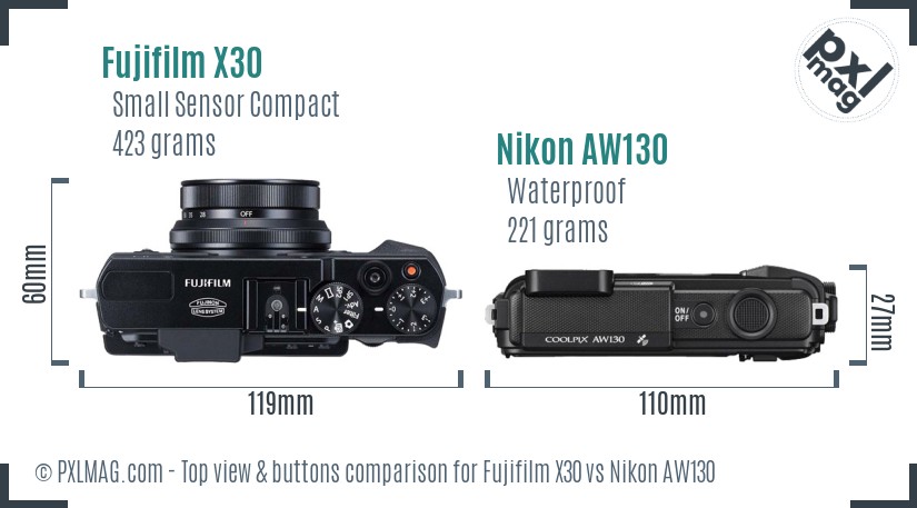 Fujifilm X30 vs Nikon AW130 top view buttons comparison