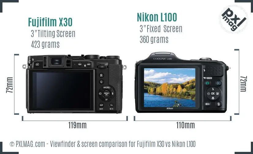 Fujifilm X30 vs Nikon L100 Screen and Viewfinder comparison