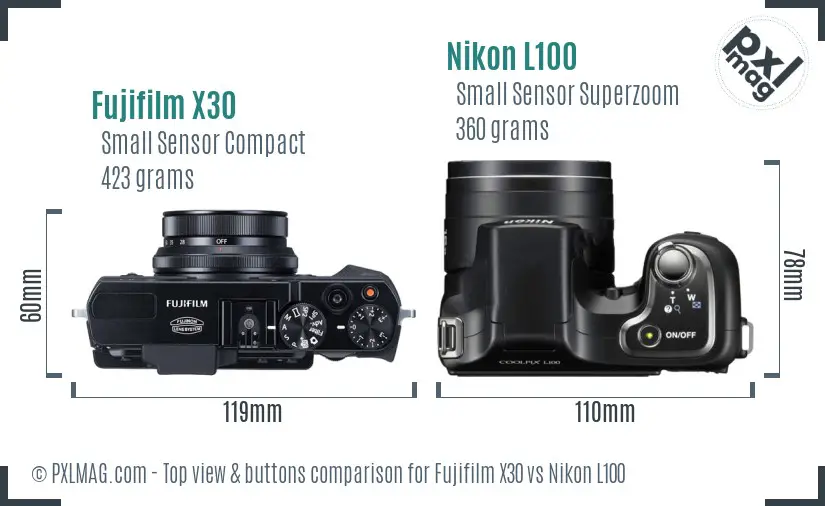 Fujifilm X30 vs Nikon L100 top view buttons comparison