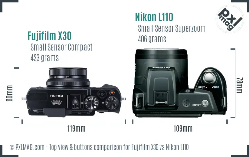 Fujifilm X30 vs Nikon L110 top view buttons comparison Fujifilm X30 vs Nikon L110 top view buttons comparison