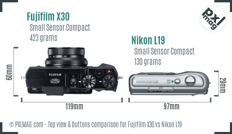 Fujifilm X30 vs Nikon L19 top view buttons comparison