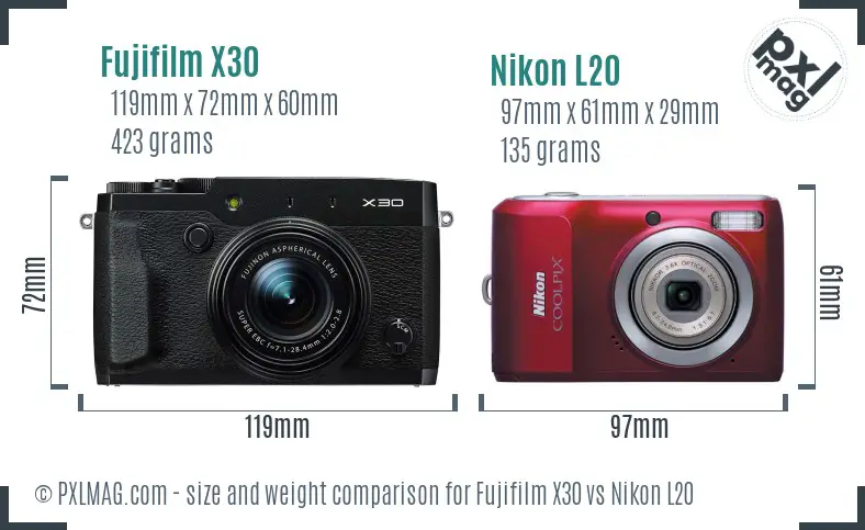 Fujifilm X30 vs Nikon L20 size comparison