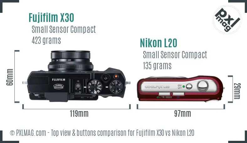 Fujifilm X30 vs Nikon L20 top view buttons comparison
