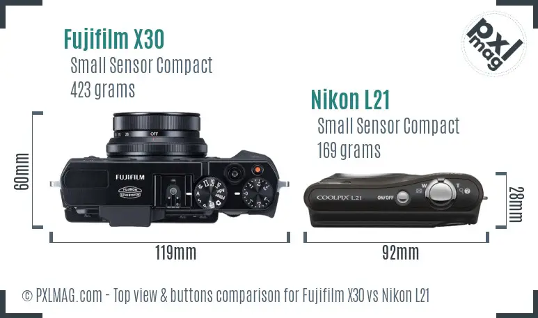 Fujifilm X30 vs Nikon L21 top view buttons comparison