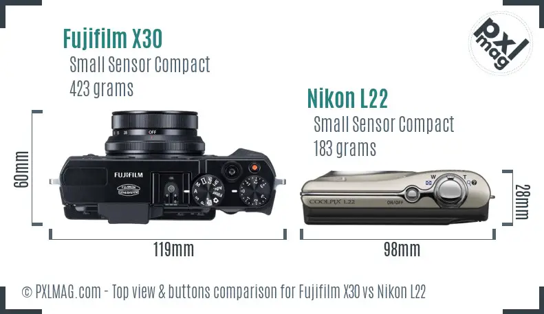 Fujifilm X30 vs Nikon L22 top view buttons comparison