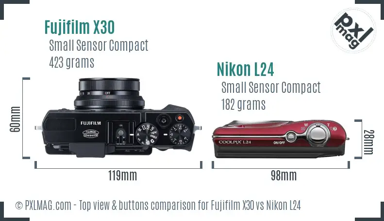 Fujifilm X30 vs Nikon L24 top view buttons comparison