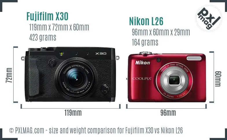 Fujifilm X30 vs Nikon L26 size comparison