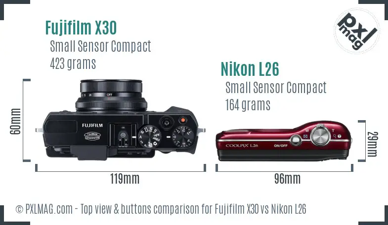 Fujifilm X30 vs Nikon L26 top view buttons comparison