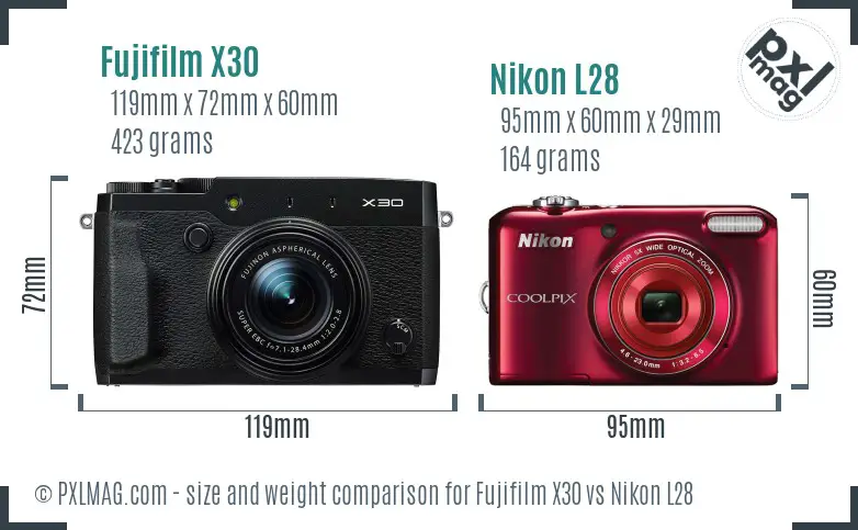 Fujifilm X30 vs Nikon L28 size comparison