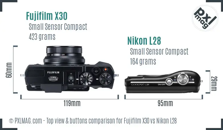 Fujifilm X30 vs Nikon L28 top view buttons comparison