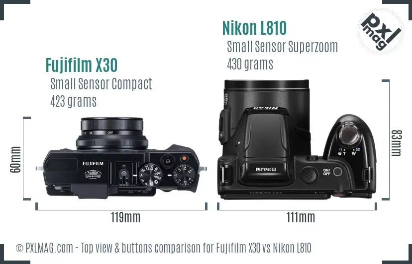 Fujifilm X30 vs Nikon L810 top view buttons comparison