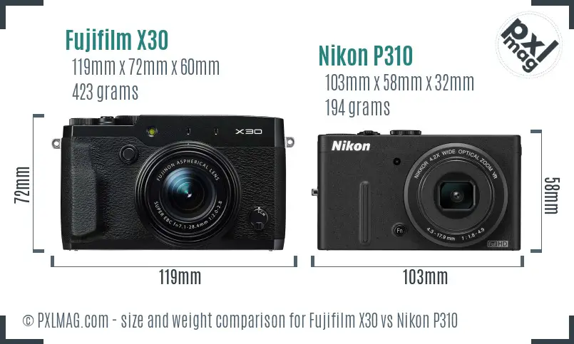 Fujifilm X30 vs Nikon P310 size comparison