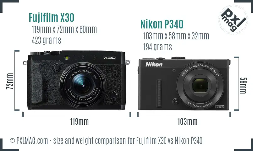 Fujifilm X30 vs Nikon P340 size comparison