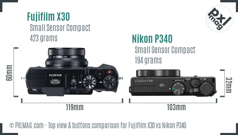 Fujifilm X30 vs Nikon P340 top view buttons comparison