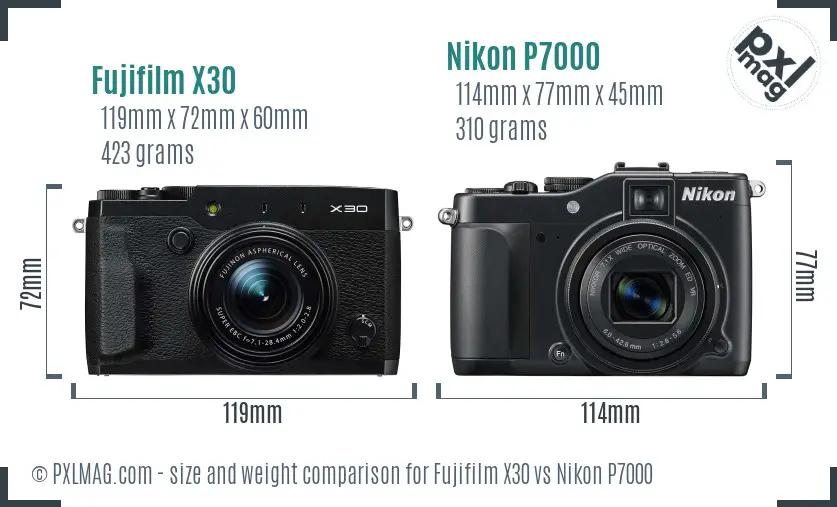 Fujifilm X30 vs Nikon P7000 size comparison