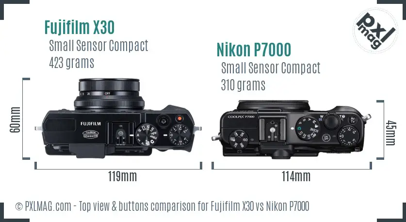 Fujifilm X30 vs Nikon P7000 top view buttons comparison