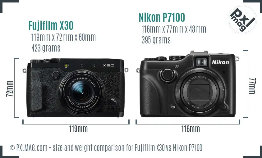 Fujifilm X30 vs Nikon P7100 size comparison