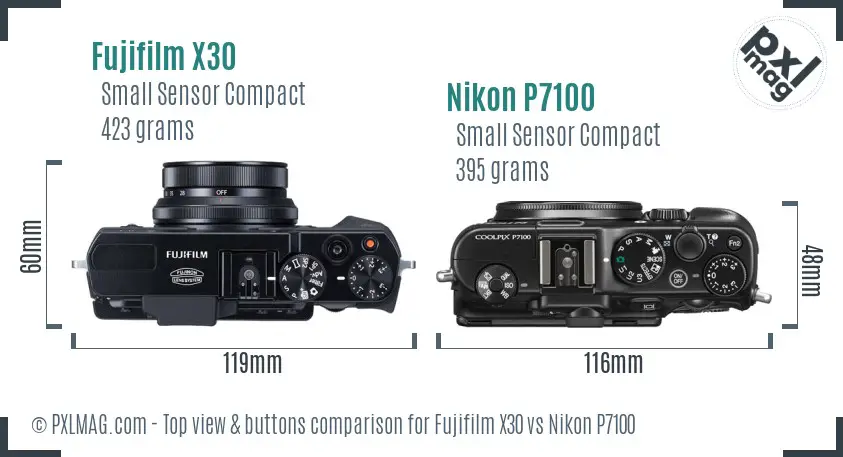 Fujifilm X30 vs Nikon P7100 top view buttons comparison