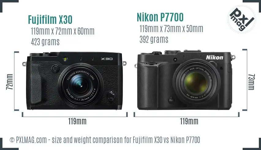 Fujifilm X30 vs Nikon P7700 size comparison
