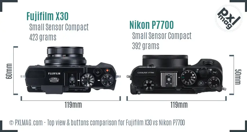Fujifilm X30 vs Nikon P7700 top view buttons comparison