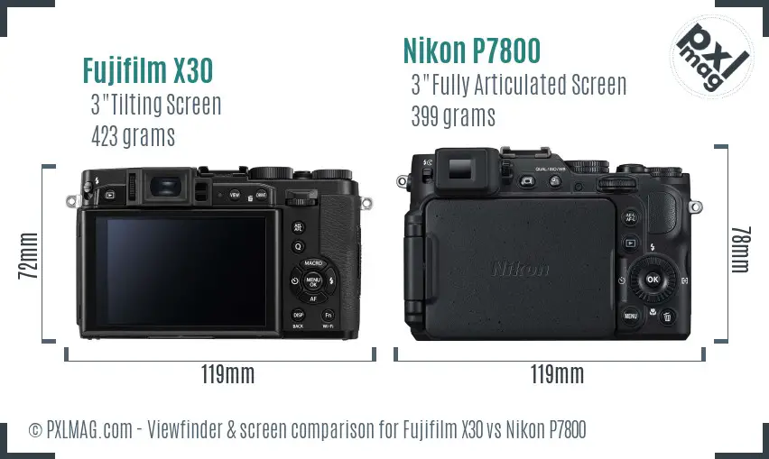 Fujifilm X30 vs Nikon P7800 Screen and Viewfinder comparison